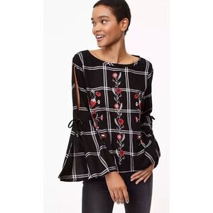 LOFT Embroidered Plaid Bell Sleeve Top, Small, NWOT